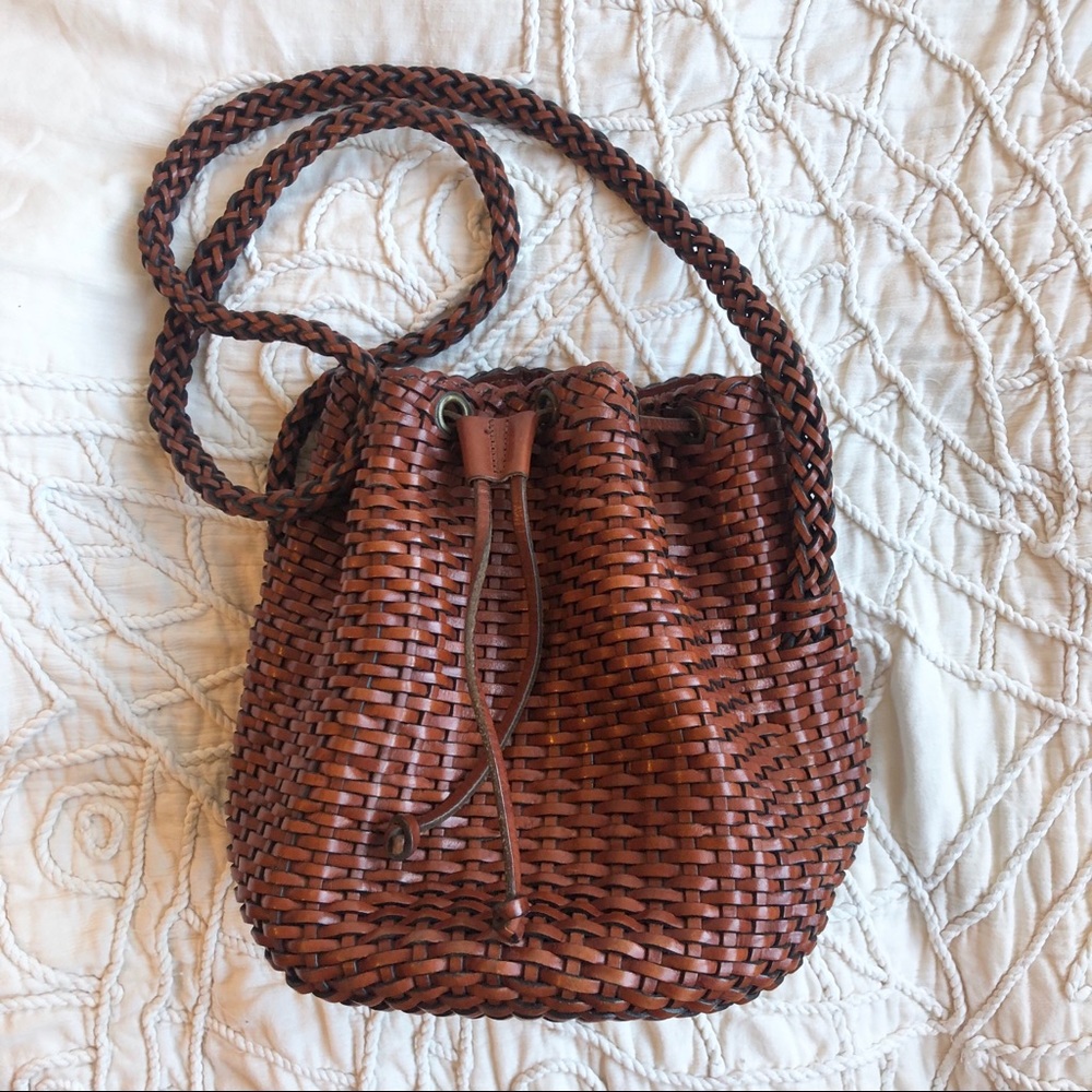 Vintage Brown Woven Leather Bucket Bag
